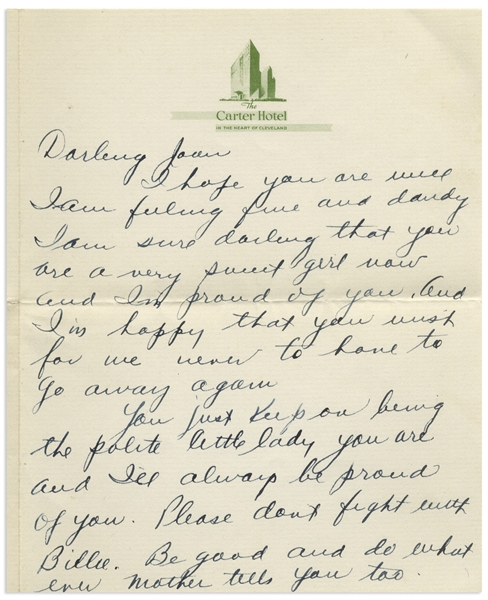 Moe Howard Autograph Letter Signed ''Daddy Dear'' to His Daughter Joan From the Late 1930s -- 2pp. Letter on Bifolium Cleveland Hotel Stationery Measures 5.25'' x 6.5'' -- Very Good Plus
